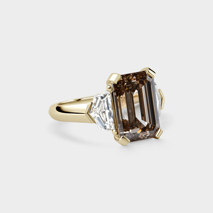 6.0CT Fancy Brown Emerald Cut Three Stone Knife Edge Lab Grown Engagement Ring