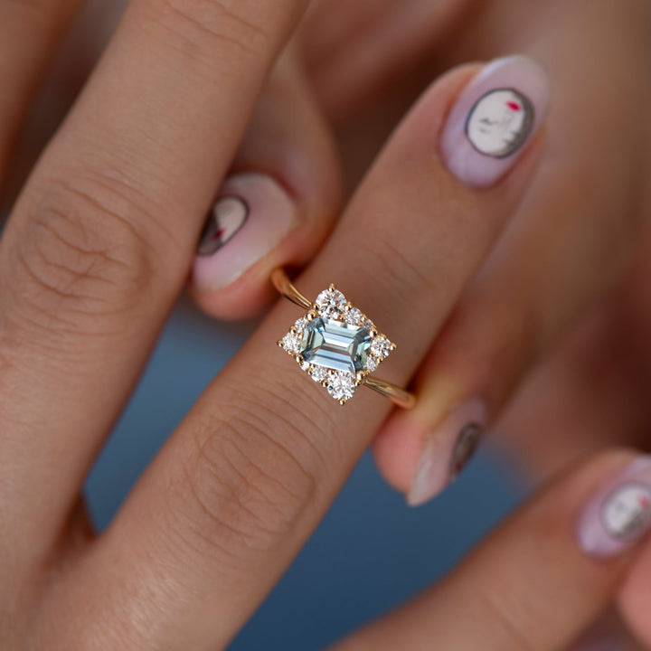 1.0CT Light Blue Sapphire Emerald Cut cluster Setting Lab Grown Engagement Ring