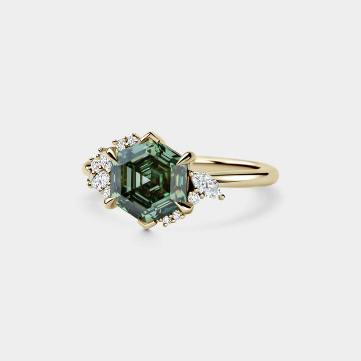 2.50CT Hexagon Shape Green Diamond Cluster Setting Lab Grown Engagement Ring