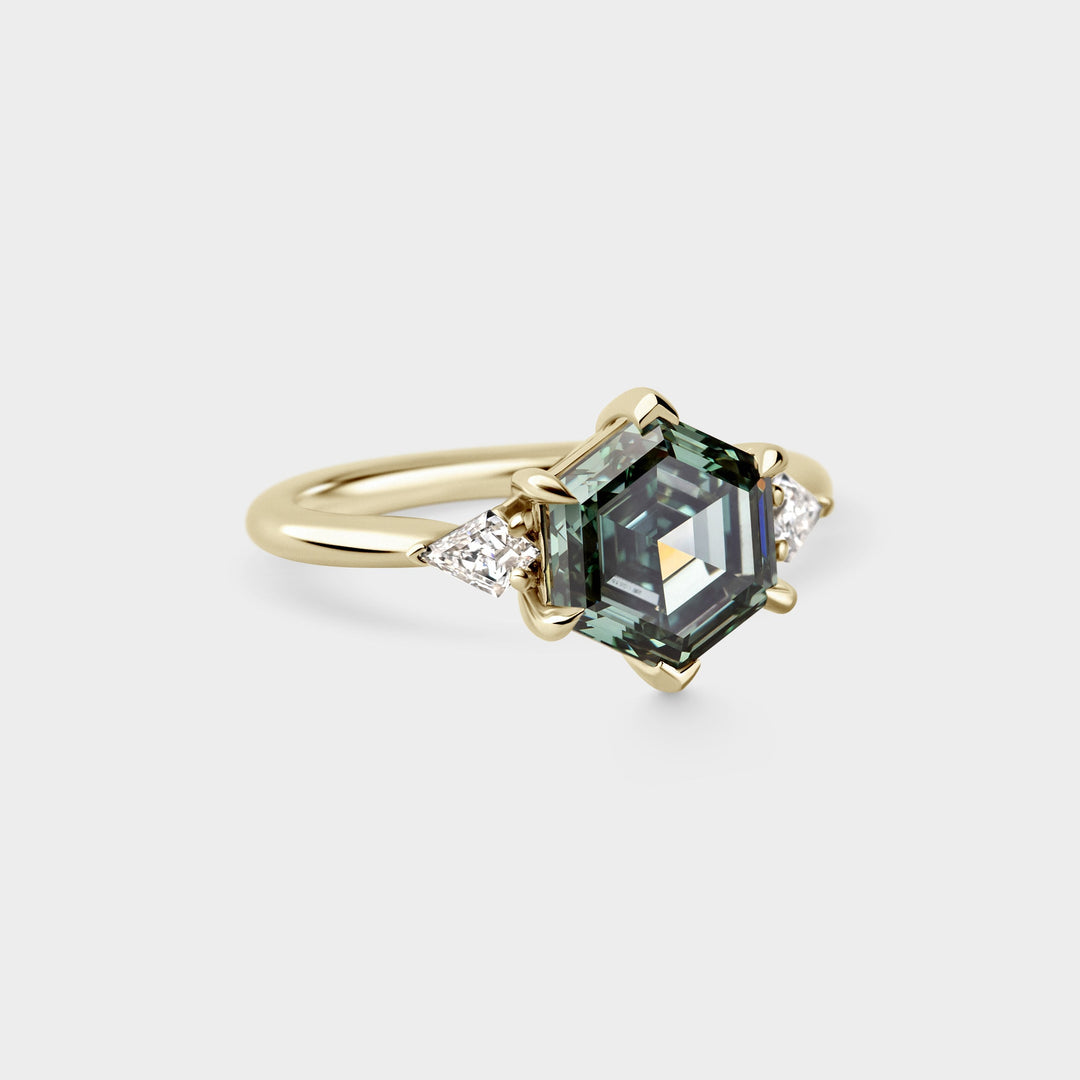 2.50CT Fancy Green Hexagon Diamond Three Stone Lab Grown Engagement Ring
