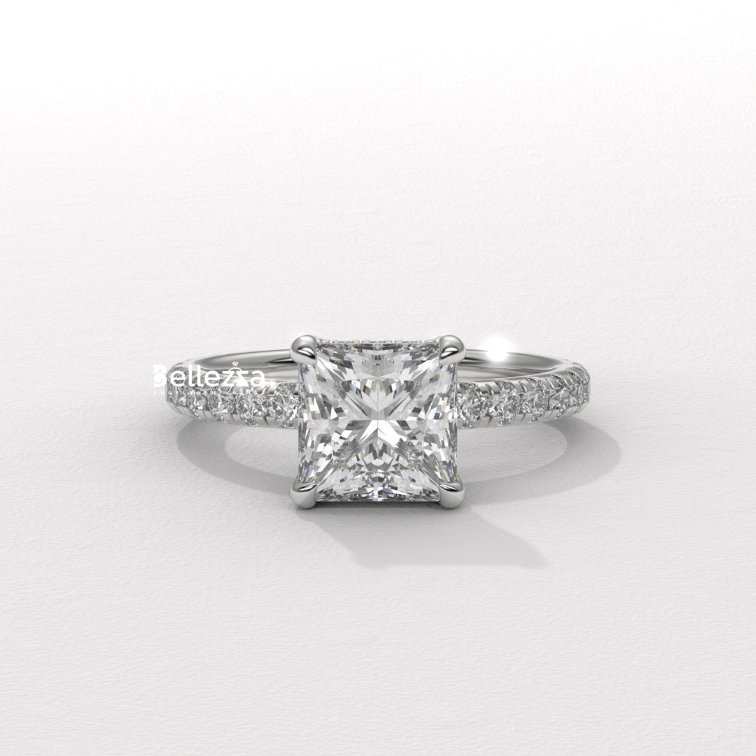 1.0-2.0CT Princess Cut CVD Diamond Pave Setting Engagement Ring