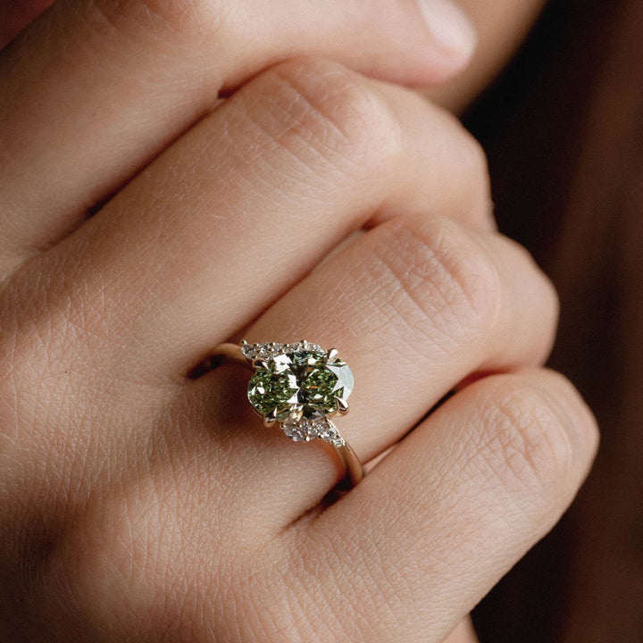 2.0CT Oval Cut Fancy Green Lab Grown Diamond Cluster Engagement Ring