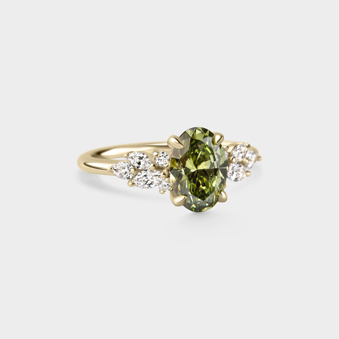 2.0CT Fancy Green Oval Diamond Cluster Setting Lab Grown Engagement Ring