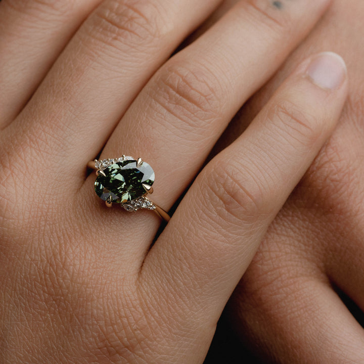 3.0CT Fancy Green Oval Diamond Cluster Setting Lab Grown Engagement Ring