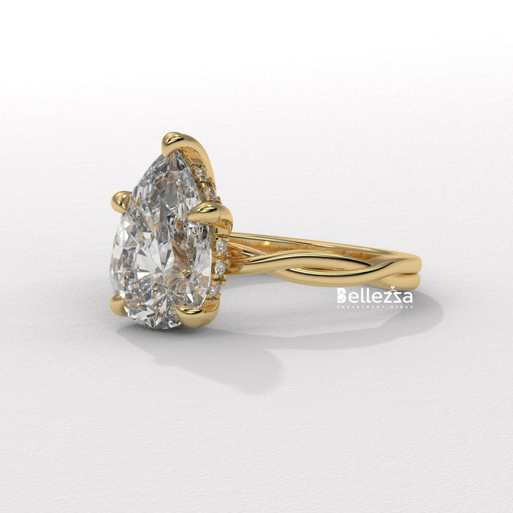 1.50-2.50CT Pear Cut Twisted Hidden Halo CVD Diamond Engagement Ring