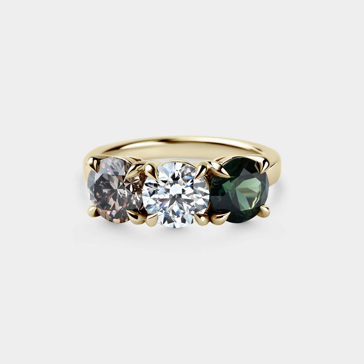 Round Diamond Three Stone White, Champagne & Green Sapphire Lab Grown Ring