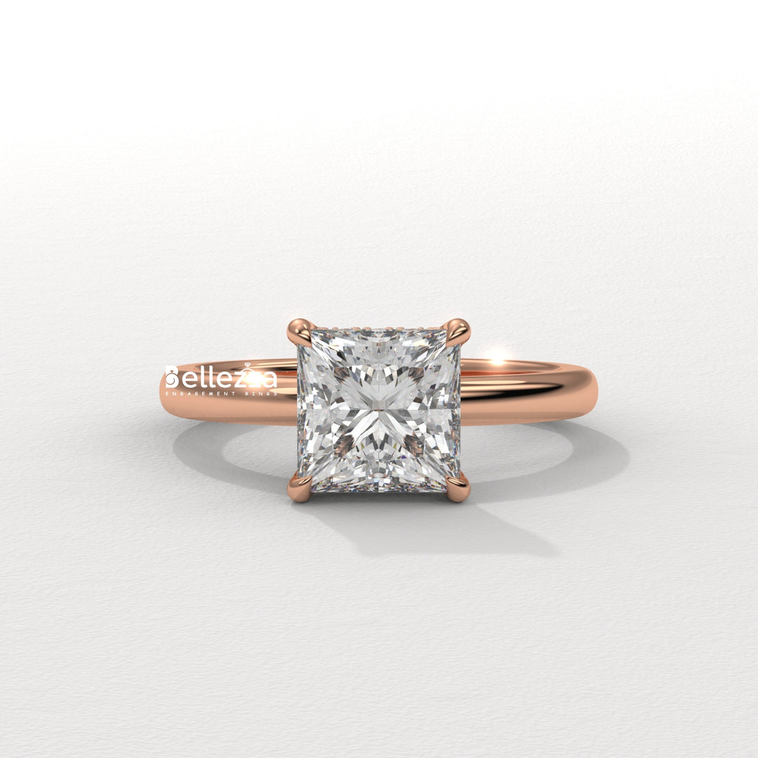 1.0-2.0CT Princess Cut CVD Diamond Hidden Halo Engagement Ring