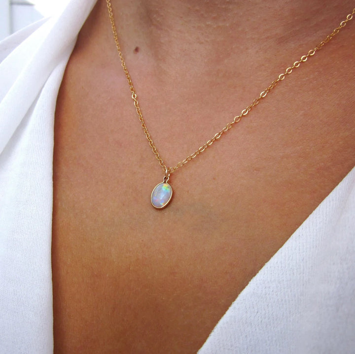 Oval Cut Solitaire Opal Gemstone Necklace -October Birthstone