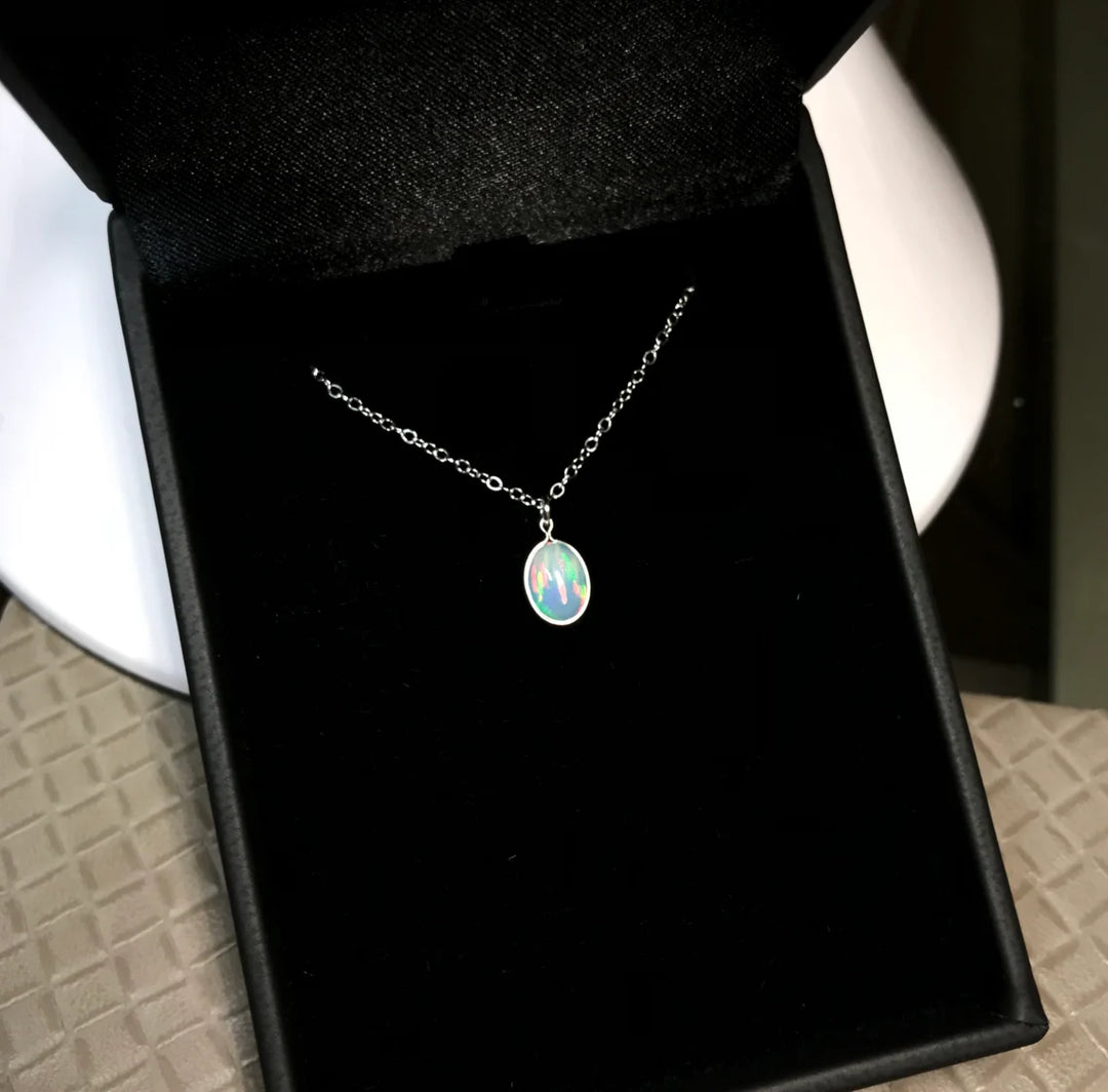 Oval Cut Solitaire Opal Gemstone Necklace -October Birthstone