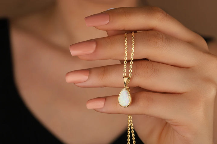 Pear Cut Solitaire Opal Gemstone Necklace For Her -October Birthstone