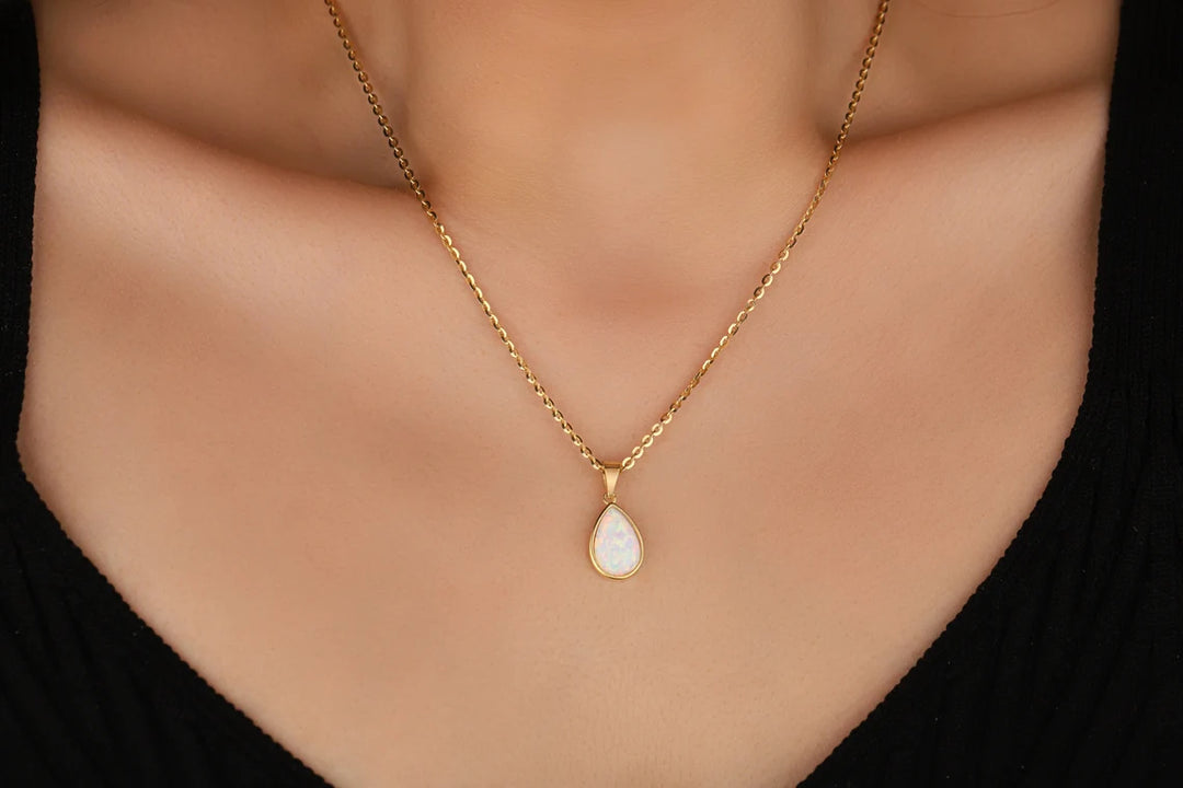 Pear Cut Solitaire Opal Gemstone Necklace For Her -October Birthstone