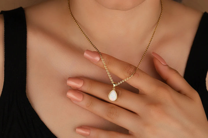 Pear Cut Solitaire Opal Gemstone Necklace For Her -October Birthstone