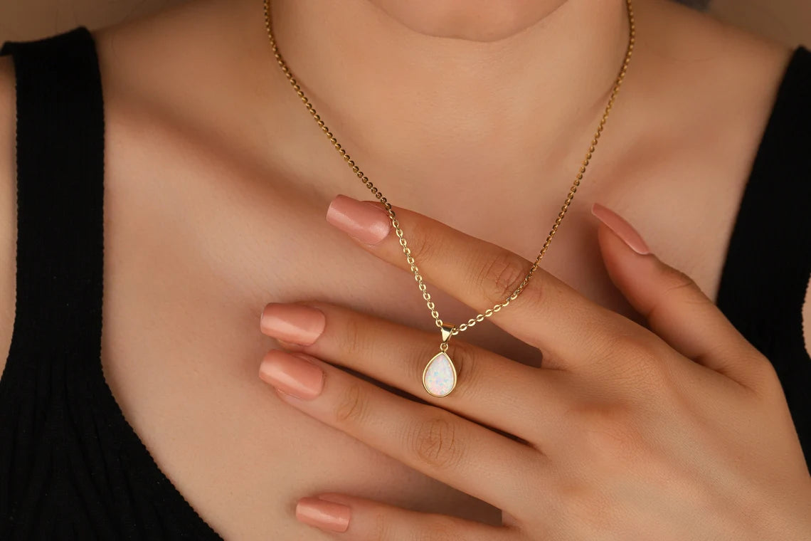 Pear Cut Solitaire Opal Gemstone Necklace For Her -October Birthstone