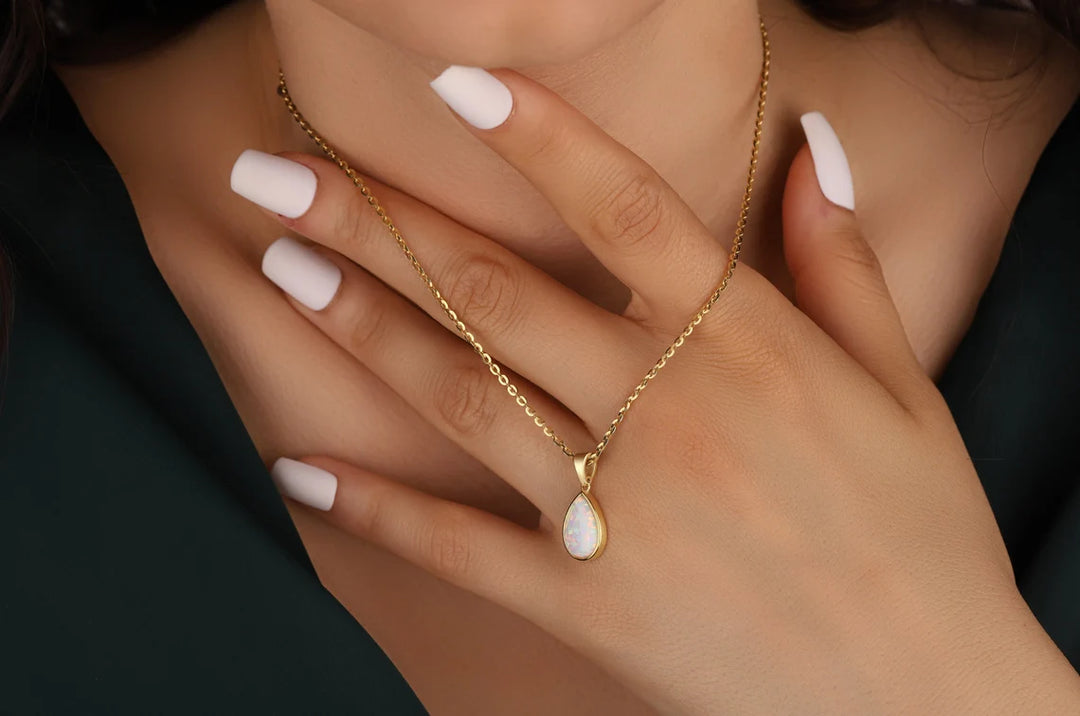 Pear Cut Solitaire Opal Gemstone Necklace -October Birthstone