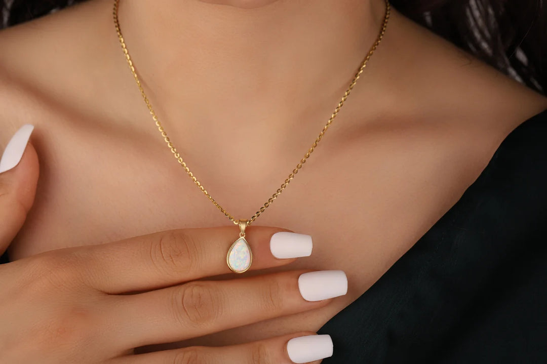 Pear Cut Solitaire Opal Gemstone Necklace -October Birthstone