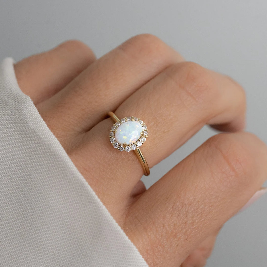 Oval Cut Opal Gemstone Halo Engagement Ring -October Birthstone