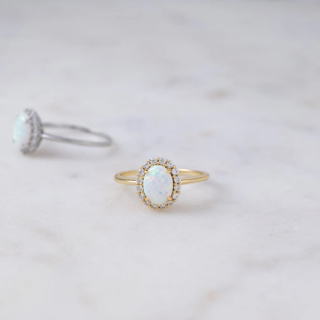 Oval Cut Opal Gemstone Halo Engagement Ring -October Birthstone