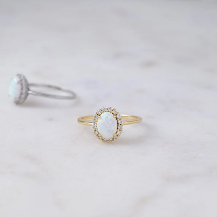 Oval Cut Opal Gemstone Halo Engagement Ring -October Birthstone