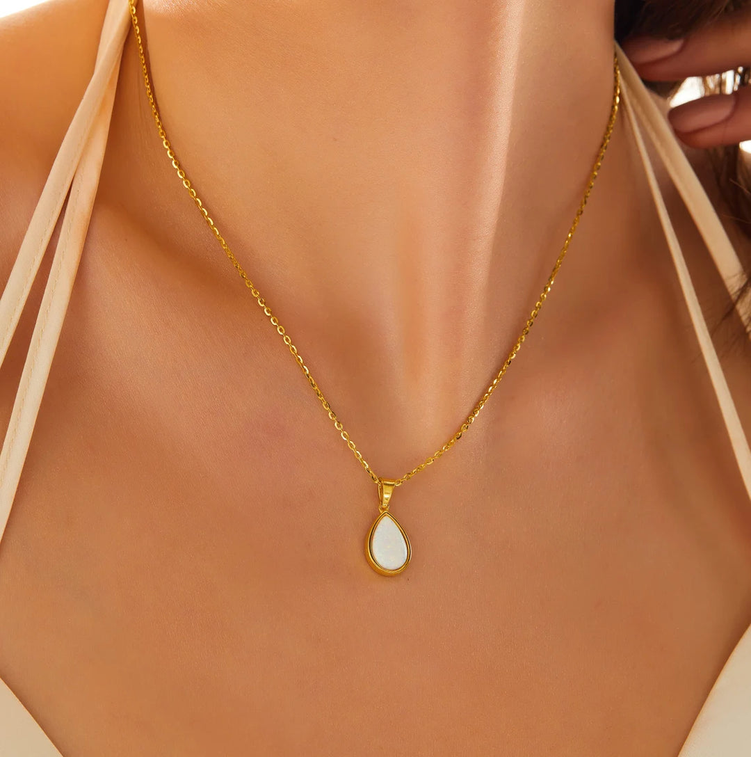 Pear Cut Solitaire Opal Gemstone Necklace -October Birthstone