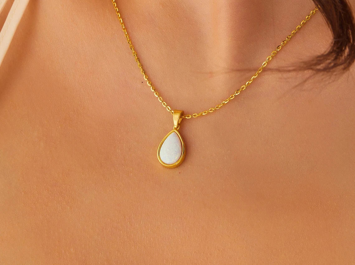 Pear Cut Solitaire Opal Gemstone Necklace -October Birthstone