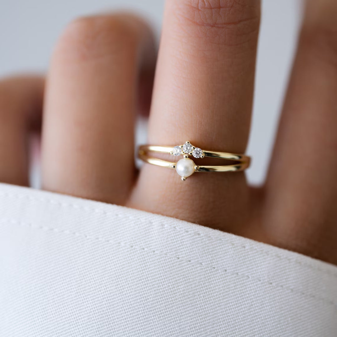 Minimalist Cluster Pearl Split Shank Engagement Ring -June Birthstone