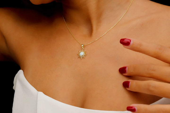 Round Cut Sun Shape Opal Gemstone Necklace -October Birthstone
