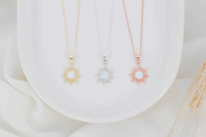 Round Cut Sun Shape Opal Gemstone Necklace -October Birthstone