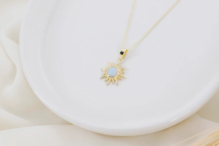 Round Cut Sun Shape Opal Gemstone Necklace -October Birthstone