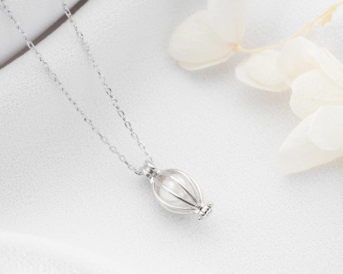 Dainty Gold Pearl Cage Necklace -June Birthstone Necklace