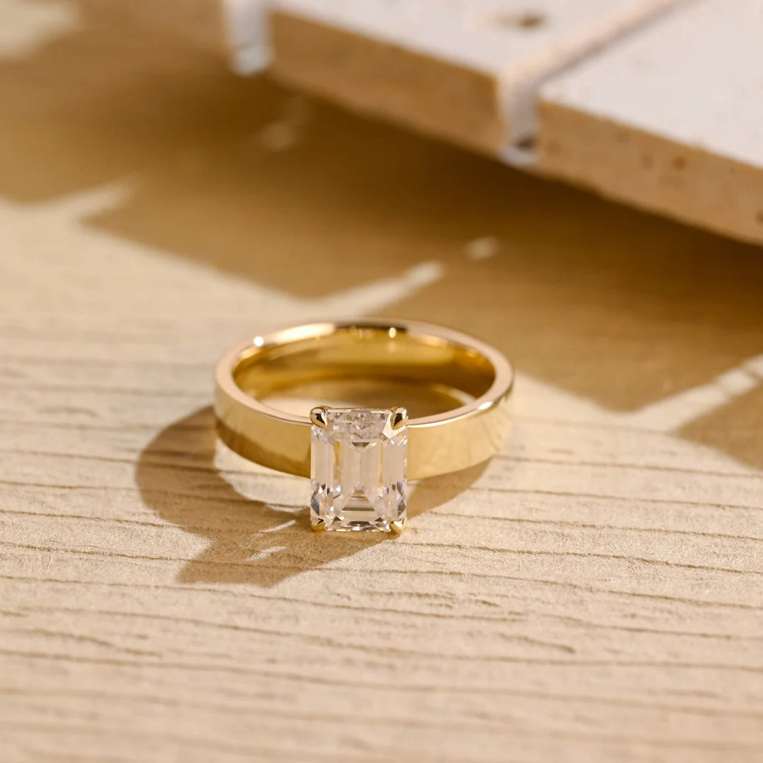 2.0 CT Emerald Cut Wide Solitaire Moissanite Engagement Ring