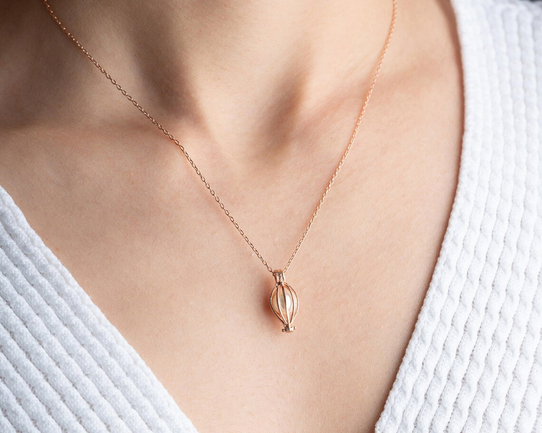 Dainty Gold Pearl Cage Necklace -June Birthstone Necklace