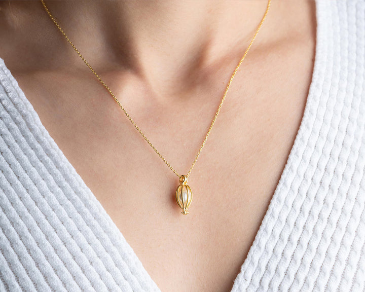 Dainty Gold Pearl Cage Necklace -June Birthstone Necklace