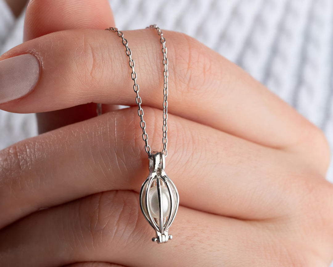 Dainty Gold Pearl Cage Necklace -June Birthstone Necklace