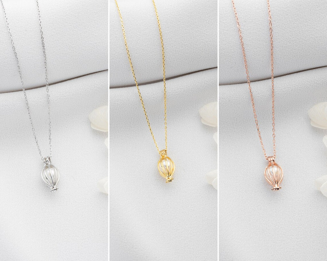 Dainty Gold Pearl Cage Necklace -June Birthstone Necklace