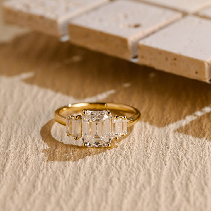 1.50 CT Emerald Cut Five Stone Diamond Moissanite Engagement Ring