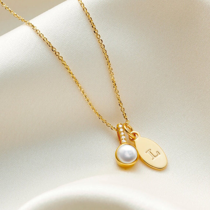 Customized Pearl Birthstone Necklace With Real Diamonds & Gold Initial Charm