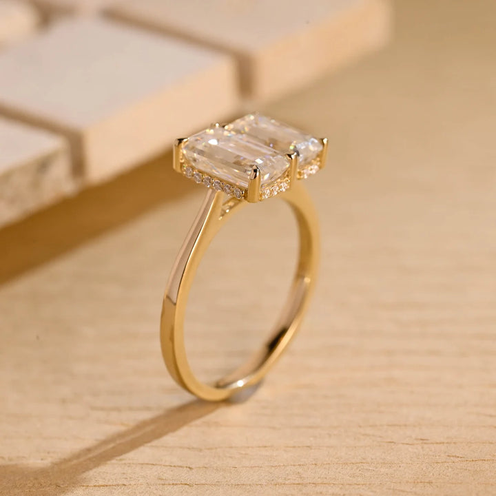 1.50 CT Elongated Emerald Cut Two Stone Hidden Halo Moissanite Engagement Ring