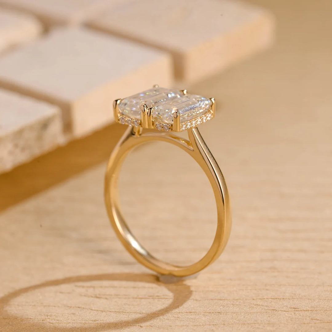 1.50 CT Elongated Emerald Cut Two Stone Hidden Halo Moissanite Engagement Ring