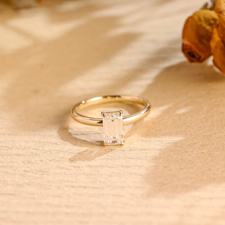 1.50 CT Elongated Emerald Cut Solitaire Moissanite Engagement Ring