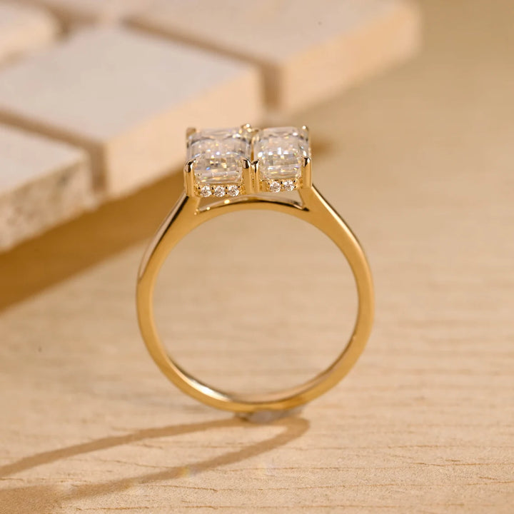 1.50 CT Elongated Emerald Cut Two Stone Hidden Halo Moissanite Engagement Ring