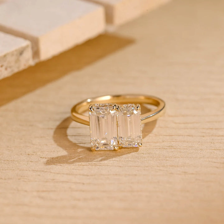 1.50 CT Elongated Emerald Cut Two Stone Hidden Halo Moissanite Engagement Ring