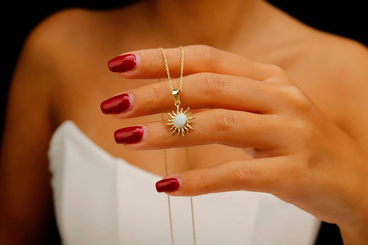 Round Cut Sun Shape Opal Gemstone Necklace -October Birthstone