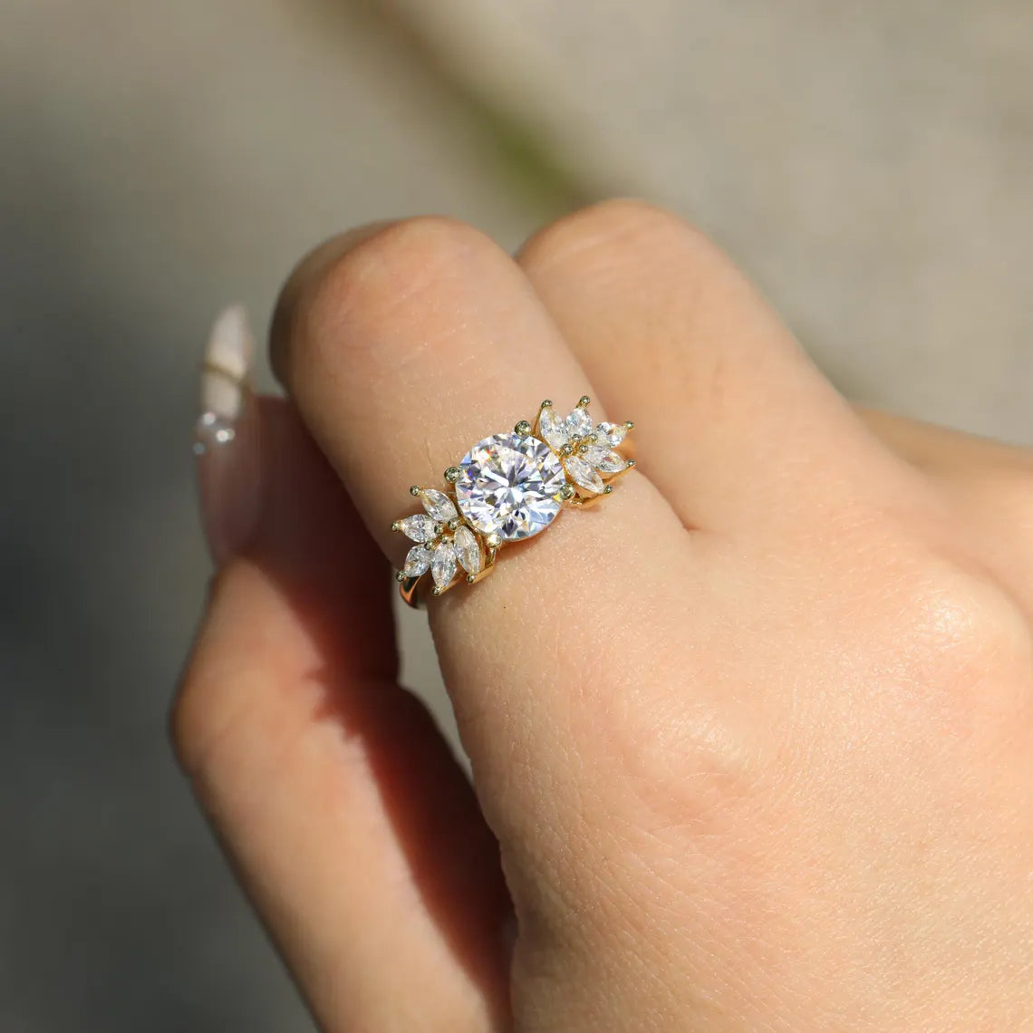 1.0 CT Round Cut Cluster Diamond Moissanite Engagement Ring