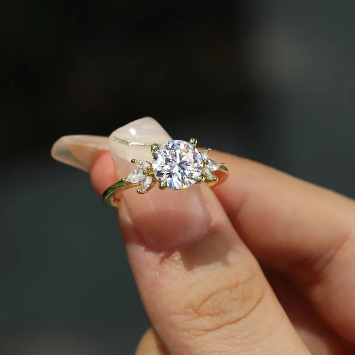 1.0 CT Round Cut Cluster Diamond Moissanite Engagement Ring