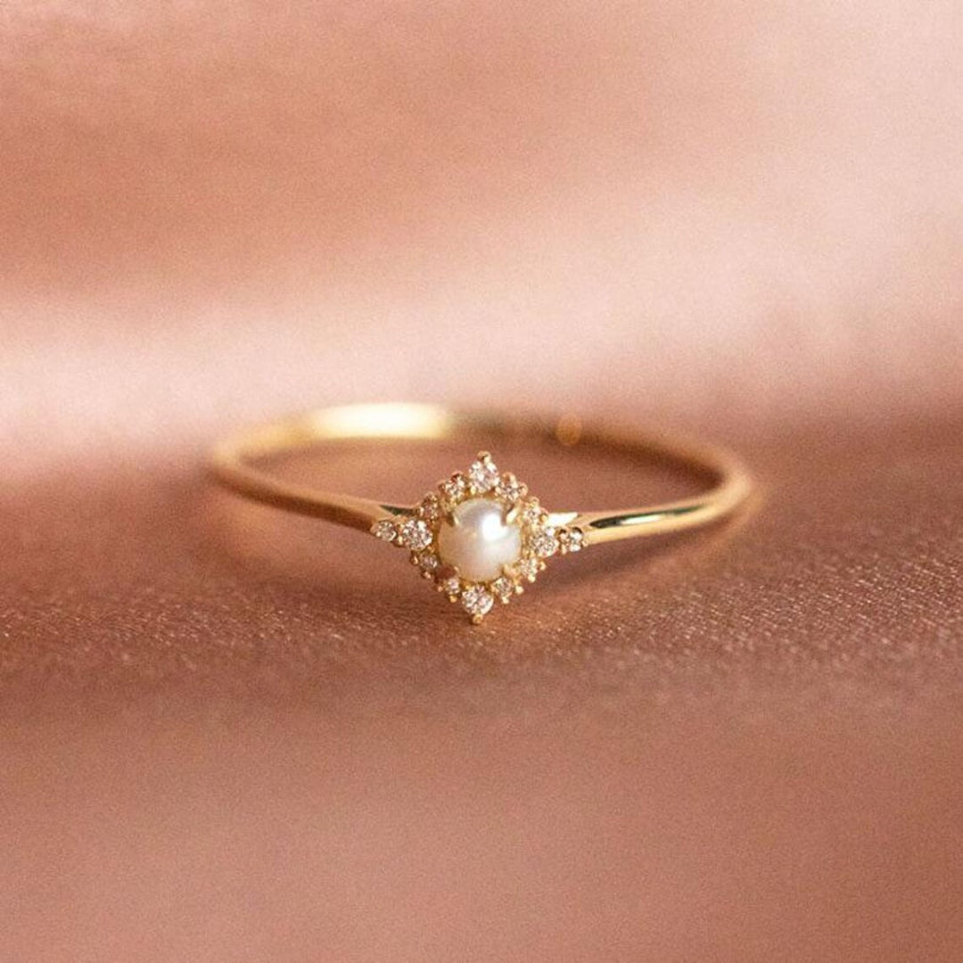Dainty Pearl Gemstone Ring With Round Diamond -June Birthstone