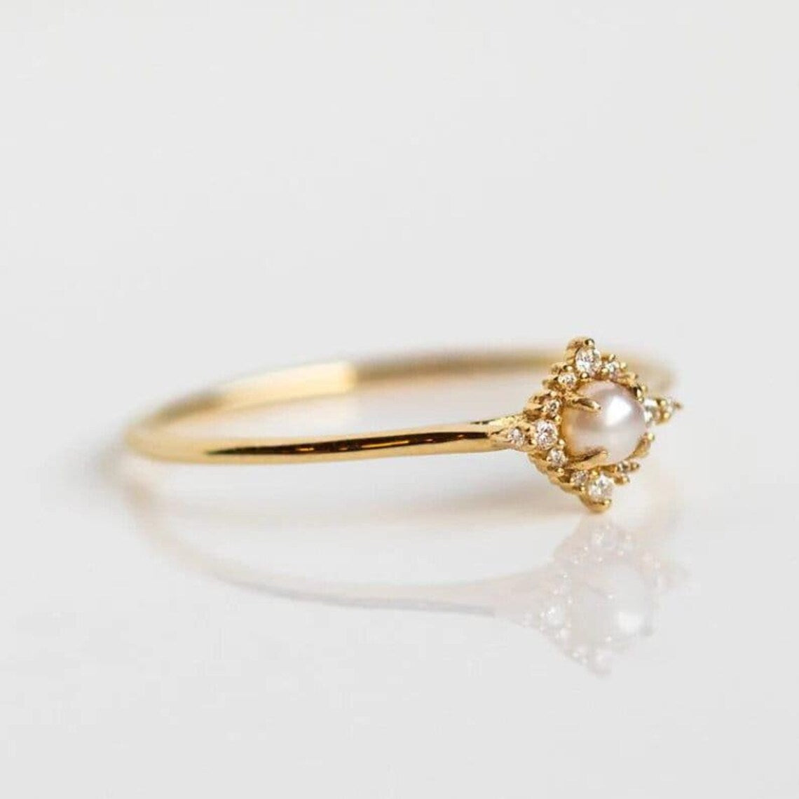 Dainty Pearl Gemstone Ring With Round Diamond -June Birthstone