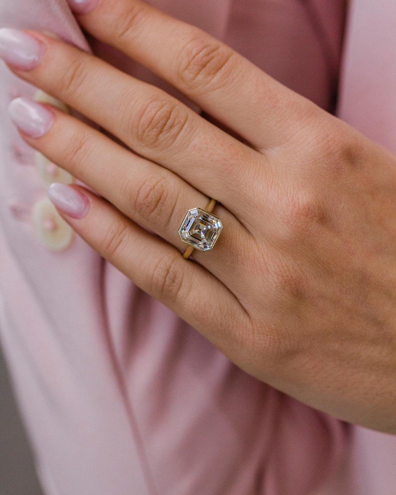 4.0ct Asscher Cut Bezel Diamond Moissanite Engagement Ring