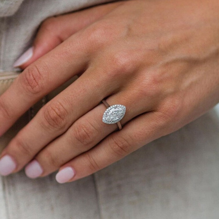 1.62ct Marquise Cut Halo Moissanite Diamond Engagement Ring