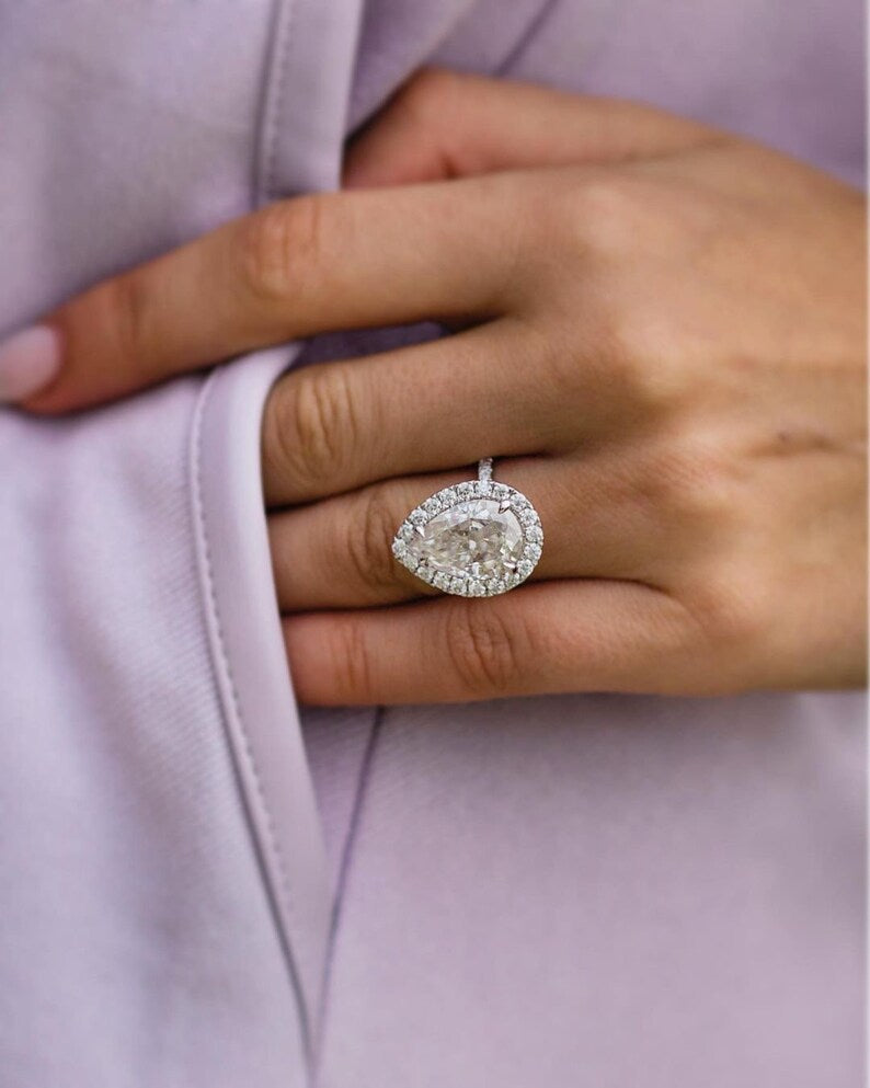 6.16ct Pear Cut Halo Moissanite Diamond Pave Engagement Ring