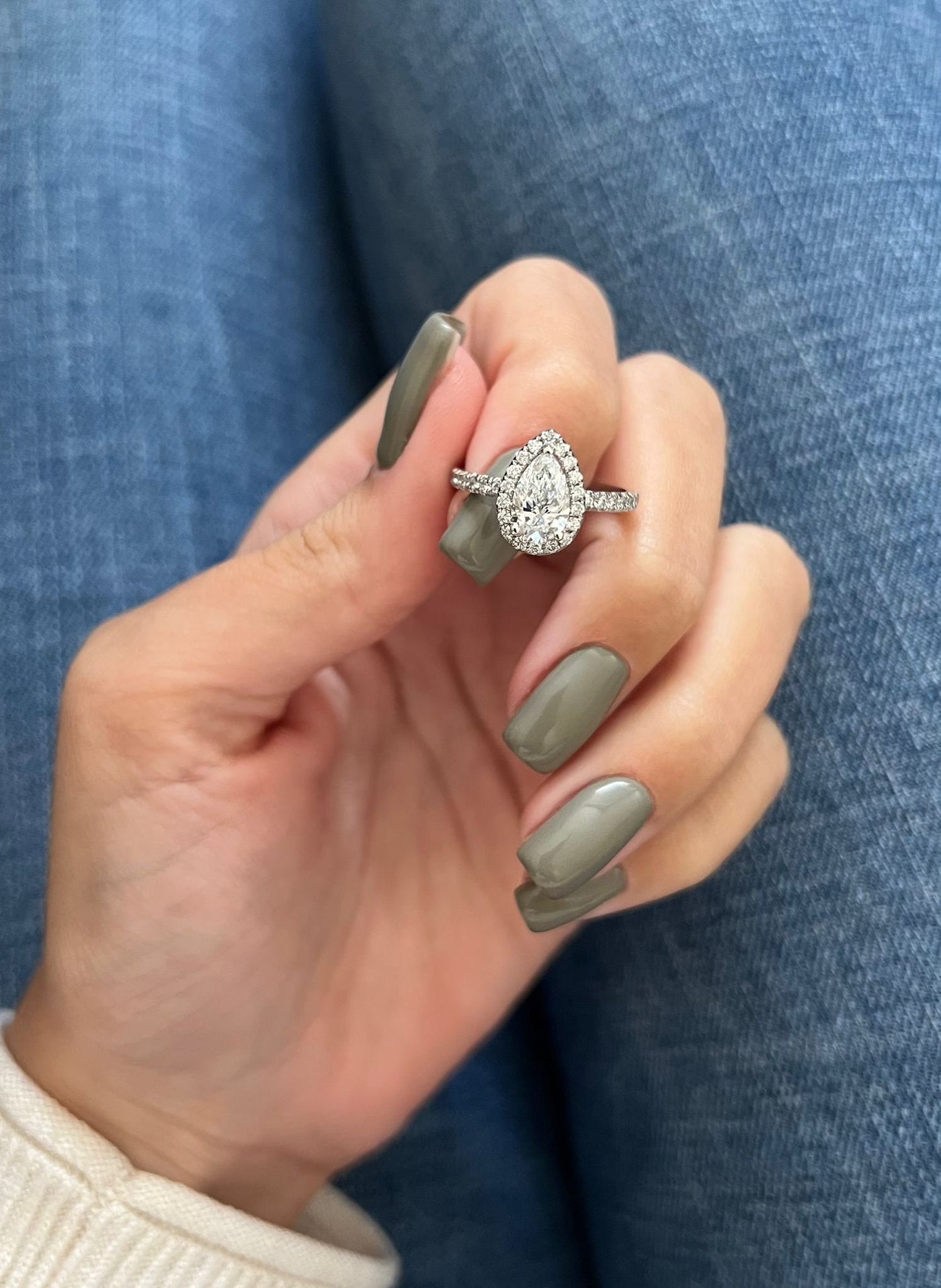 1.0 CT Pear Cut Halo Pave Moissanite Engagement Ring